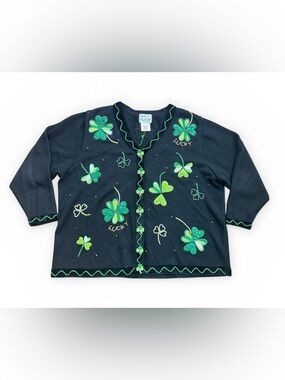 Vintage Quacker Factory 2X Black Shamrock Cardigan Sweater St Patrick’s Day Luck